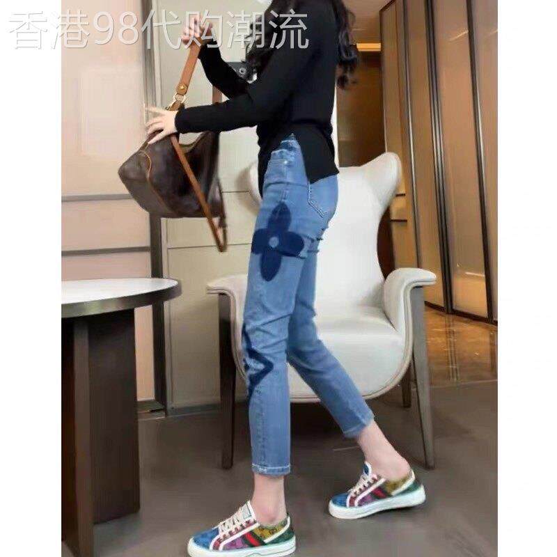 欧洲新高端商品！意大利经典印花高腰女士牛仔裤，修身直筒裤，九
