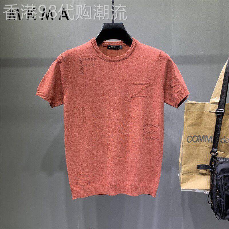 潮牌夏季新款薄款冰丝圆领针织半袖t恤衫男镂空帅气潮流短袖上衣