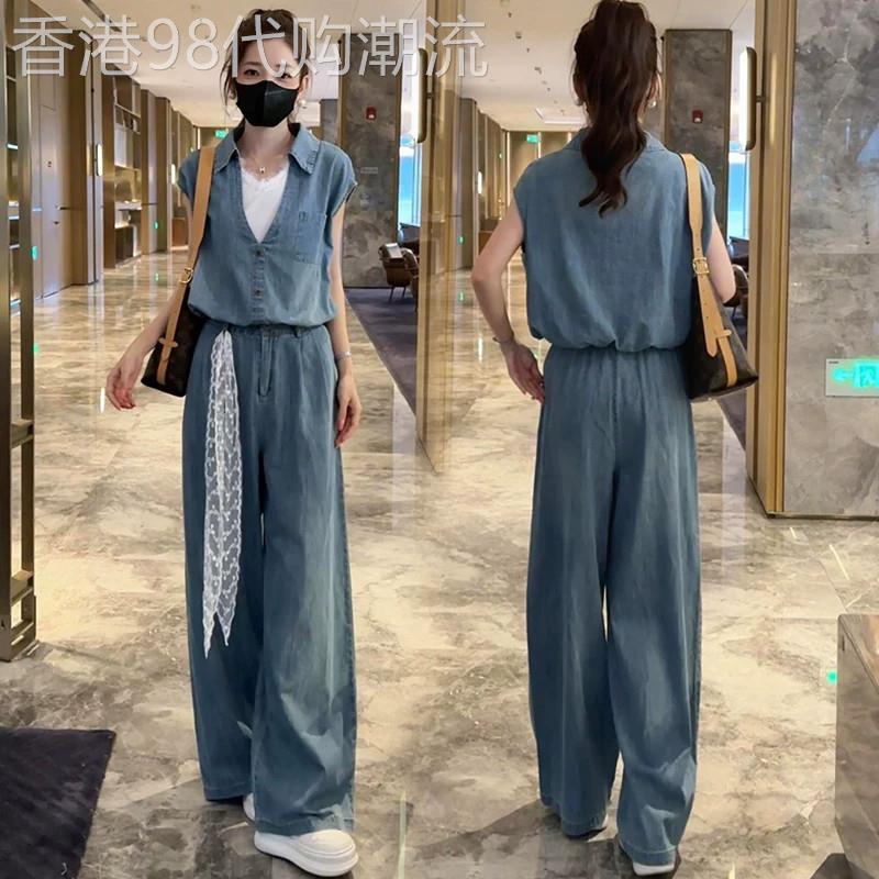 香港代购时尚牛仔套装女2026夏季薄款显瘦拼接短袖阔腿裤两件套潮