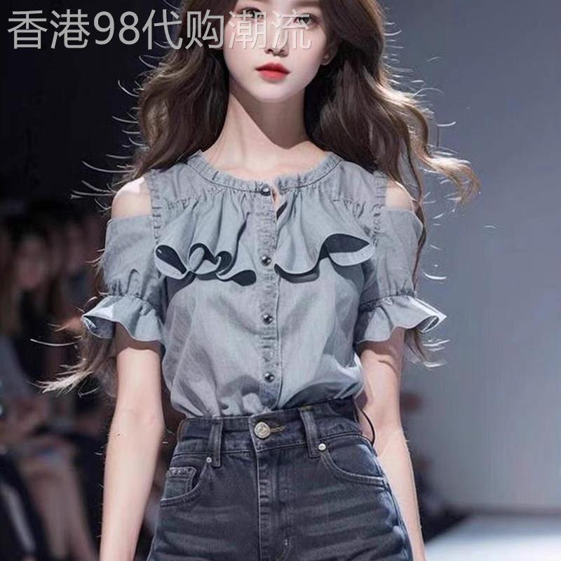 2025新款灰色短袖女设计感衬衫 轻奢拼接木耳朵露肩休闲风上衣
