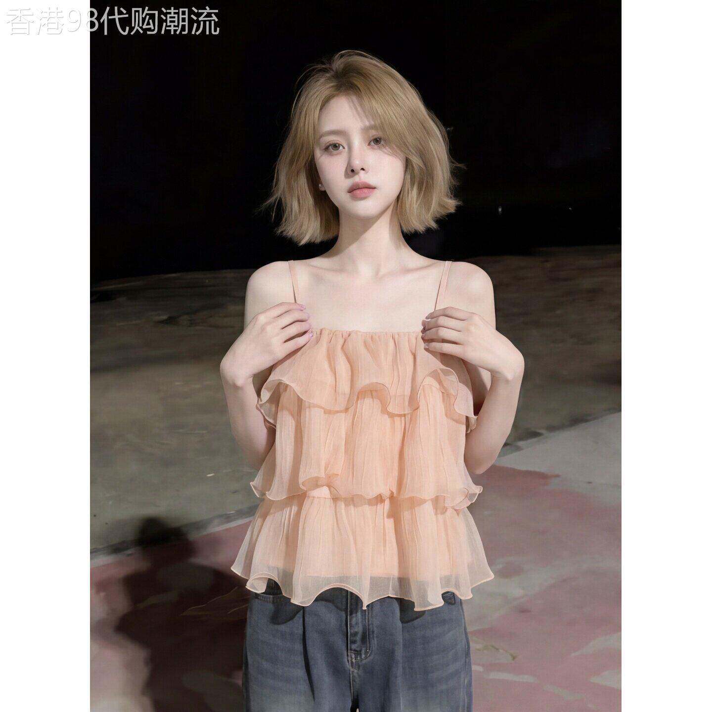 小清新层层荷叶边吊带背心女夏季洋派别致小衫设计感辣妹无袖上衣