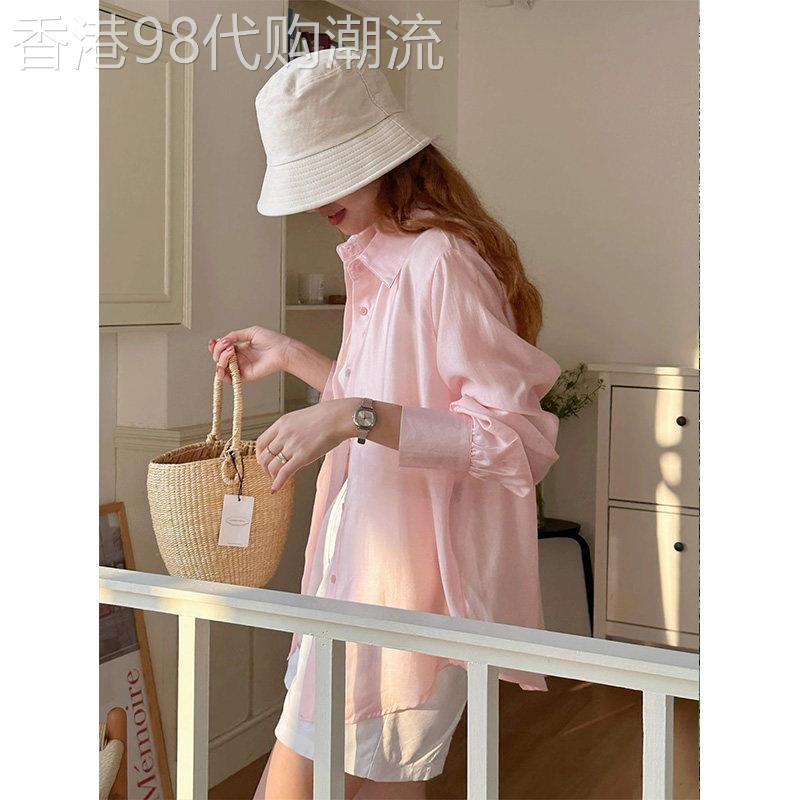 粉色天丝慵懒风休闲衬衫女夏季欧货薄款宽松百搭气质长袖防晒衬衫