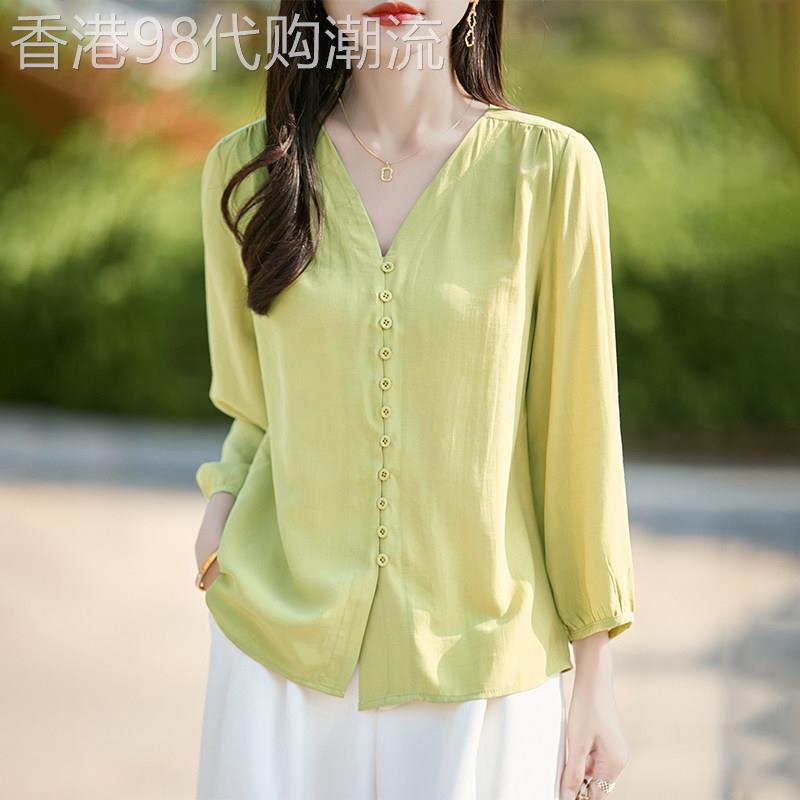 法式短袖衬衫女夏季薄2026新款高级感纯色文艺宽松显瘦V领上衣女