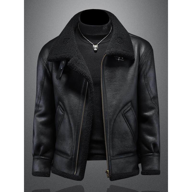 潮牌皮毛一体男士皮衣秋冬加绒加厚机车服羊羔毛外套小众设计上衣