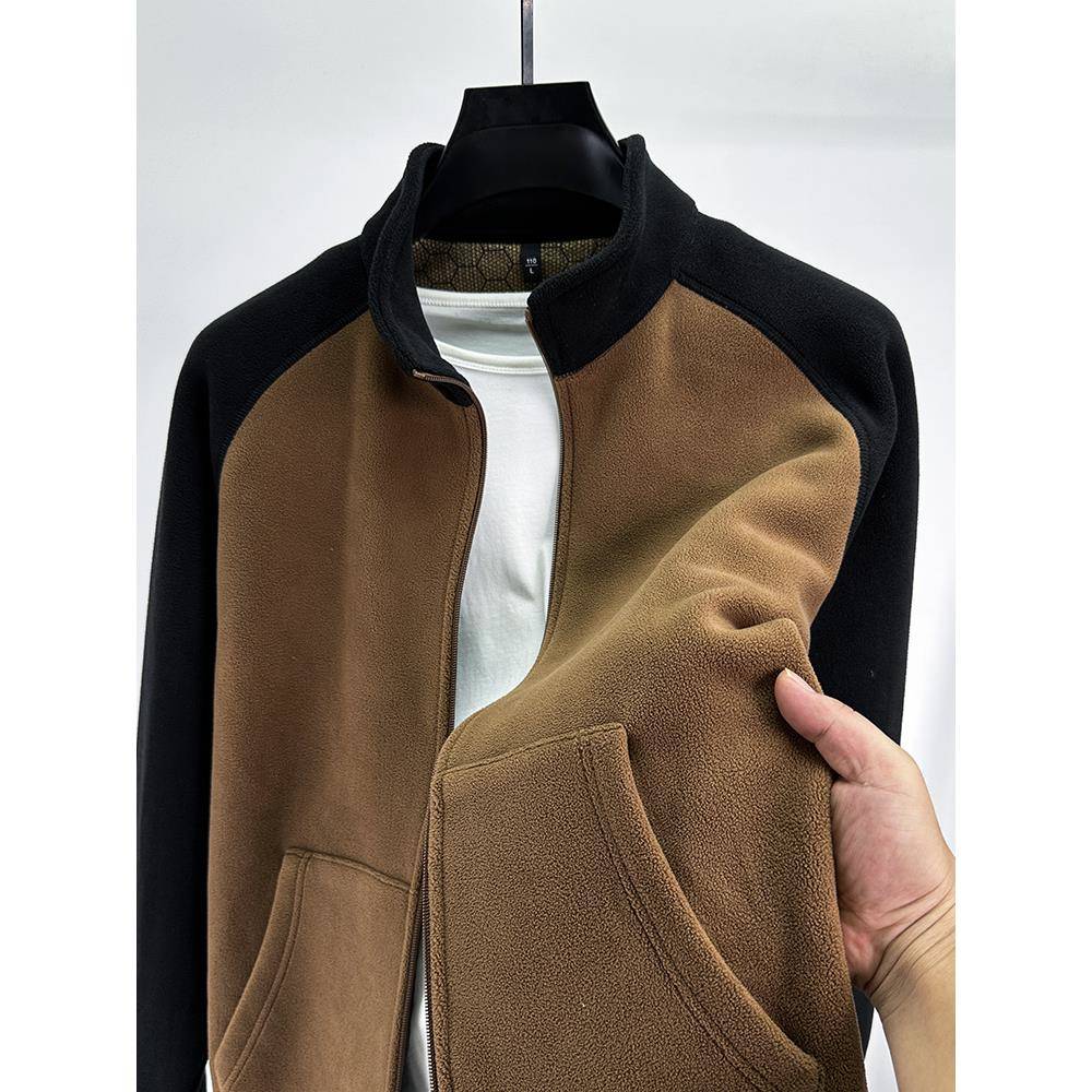 双面澳绒立领卫衣男潮流撞色摇粒绒拉炼开衫外套加厚保暖抓绒夹克