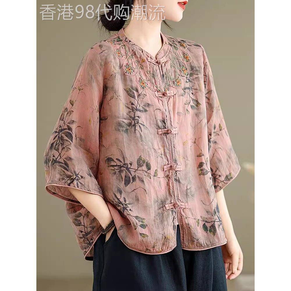 潮牌中年妈妈亚麻短袖衬衫女夏季新款大码宽松棉麻高端洋气上衣服