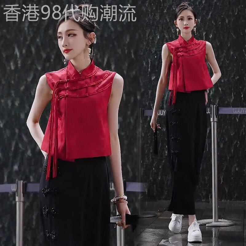 香港代购新中式时尚上衣女2025夏季新款时髦提花无袖国风盘扣短袖