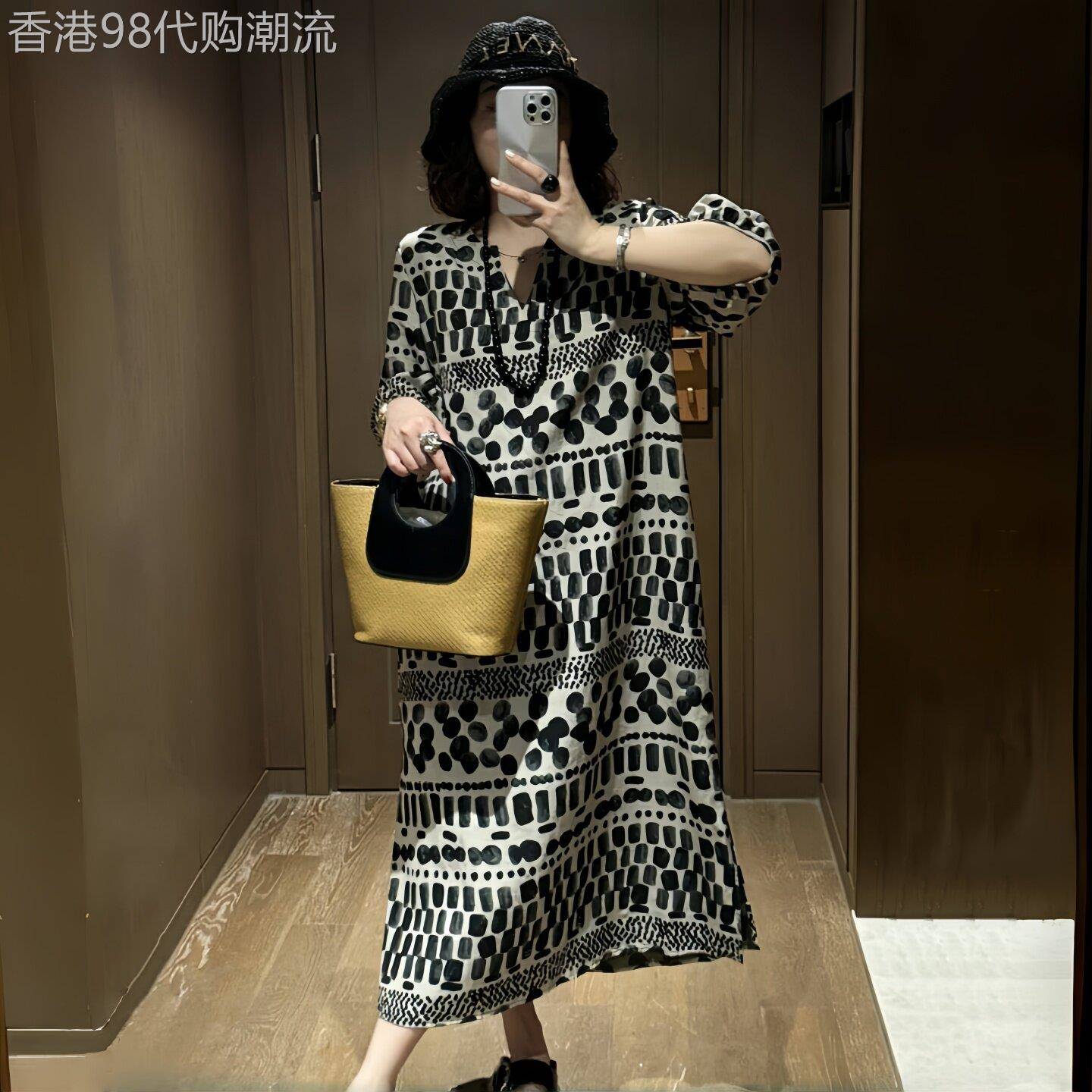 水墨印花轻奢短袖洋装女春季大尺码胖MM气质减龄时尚休闲长版裙子
