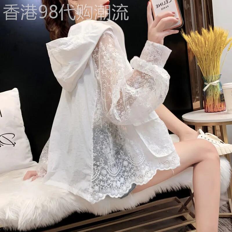薄款网纱拼接蕾丝刺绣连帽防晒衣女夏季2026新款宽松显瘦开衫上衣