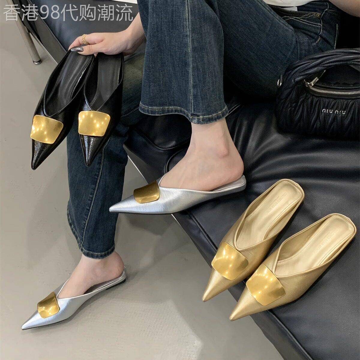 潮牌2025夏季新款金属扣尖头平底包头拖鞋女外穿懒人穆勒鞋半拖鞋