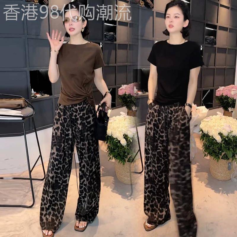 香港代购时尚休闲套装女夏季新款显瘦圆领短袖豹纹阔腿裤子两件套