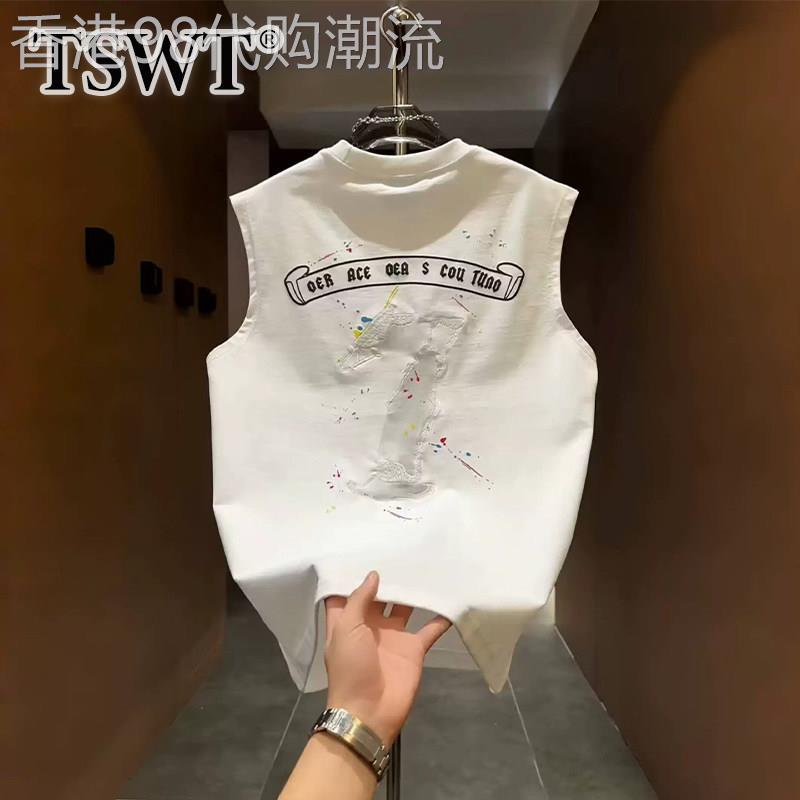 高端白色印花无袖T恤男夏季2026新宽松纯棉运动圆领男款坎肩背心
