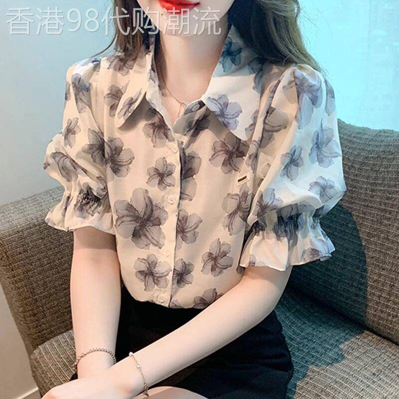 短袖衬衫女2026新款夏季翻领高级感轻奢减龄洋派碎花泡泡袖上衣女