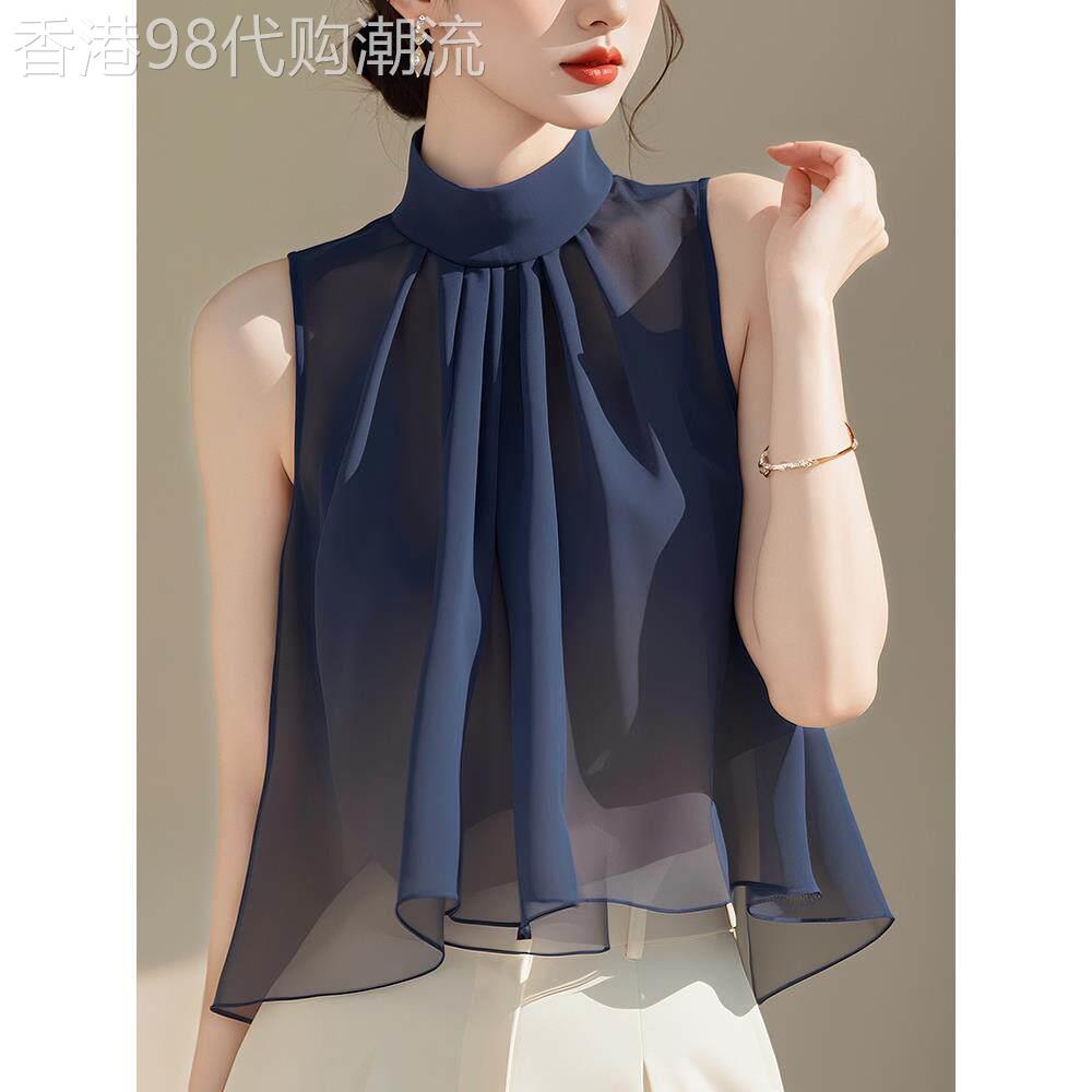 法式轻奢蓝色无袖雪纺衬衫女设计感小众夏季独特别致漂亮小衫上衣