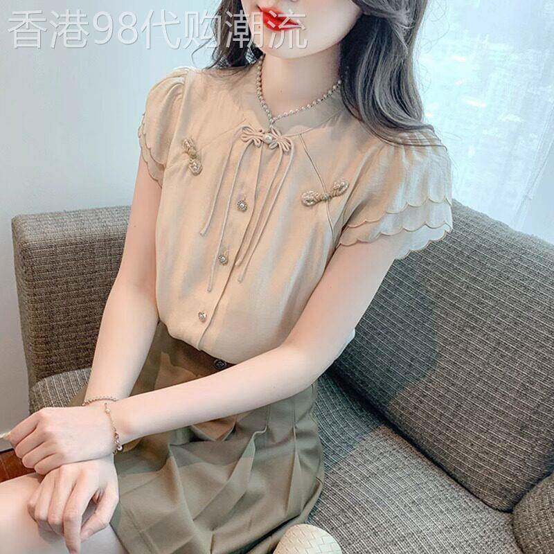 短袖衬衫女2026新款夏季立领高级感轻奢减龄洋派荷叶袖棉麻上衣女