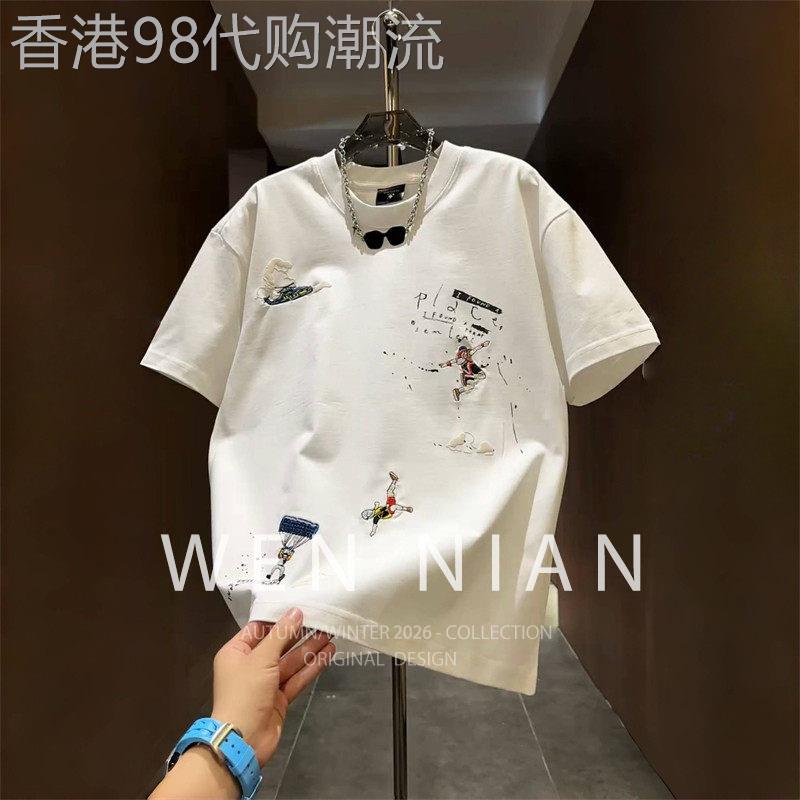 韩国WEN NIAN高端卡通印花短袖T恤男款2026夏季圆领休闲上衣潮牌