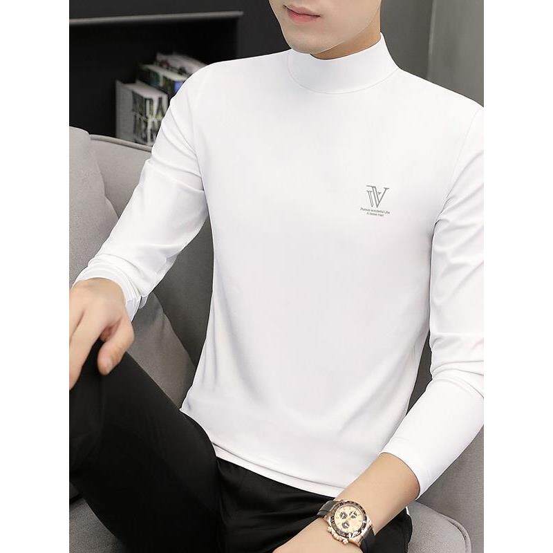 半高领白色打底衫男秋冬季加绒保暖高端中领内搭男士长袖T恤潮