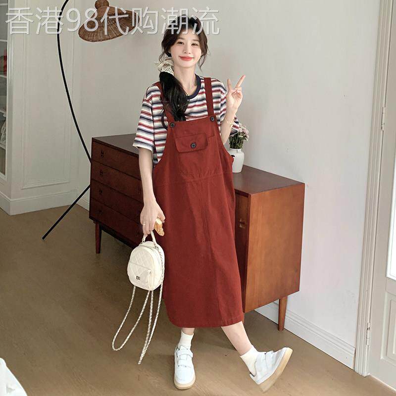 韩系休闲红色抱婴袋洋装女套装2026夏季新款条纹T恤超好看两件套