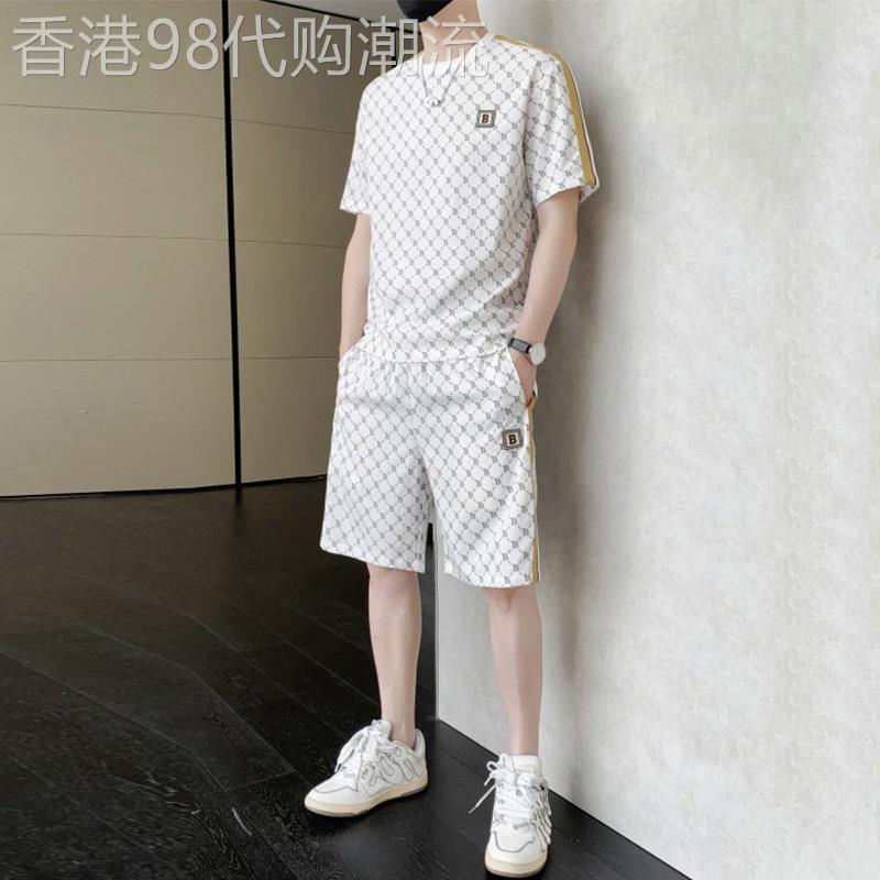 冰丝短袖套装男夏季宽松休闲t恤短裤两件套潮流印花男装搭配一套
