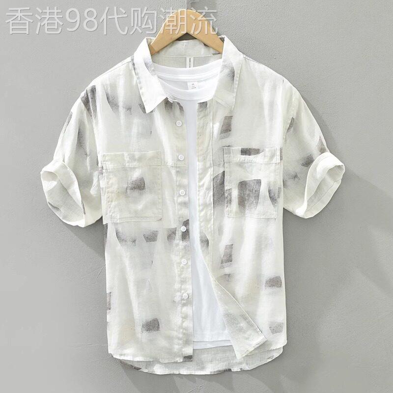 高端白色亚麻衬衫短袖男士2026新款夏季棉麻薄款透气半袖衬衣男款