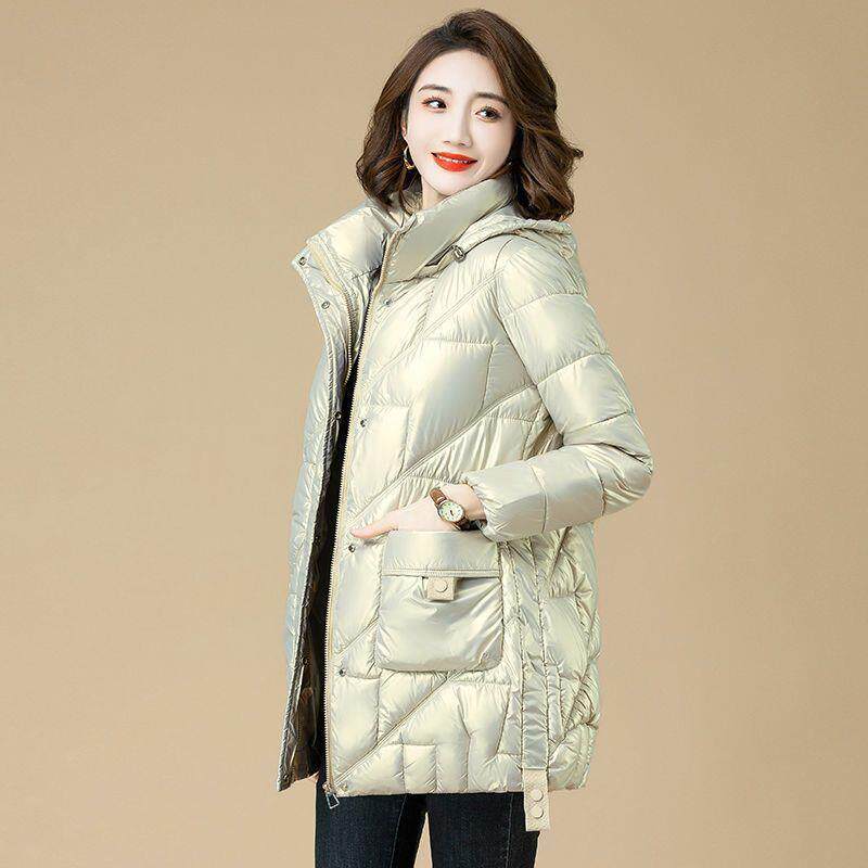 亮面羽绒棉服女中长款2025冬季新款中年妈妈时尚连帽加厚棉衣外套