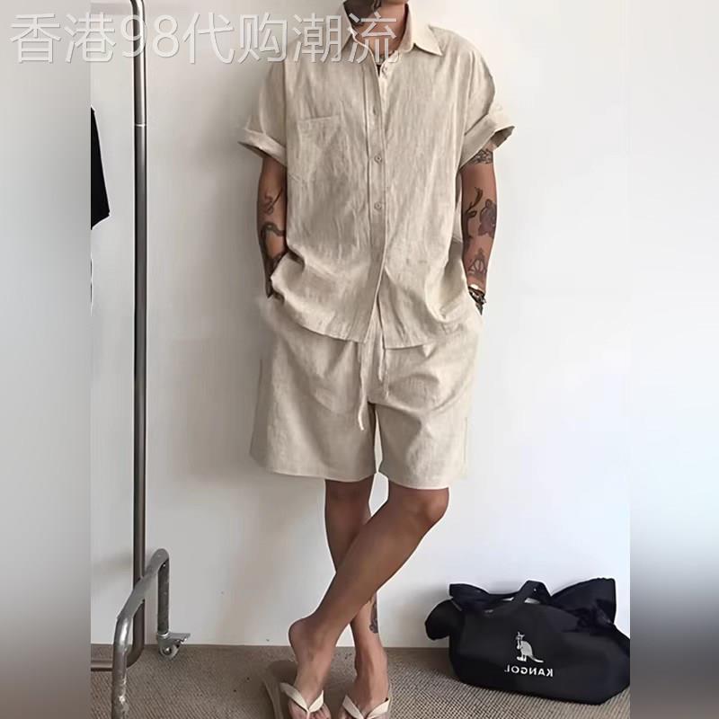 轻奢老钱风棉麻休闲套装男2026夏季度假短袖衬衣亚麻五分短裤一套