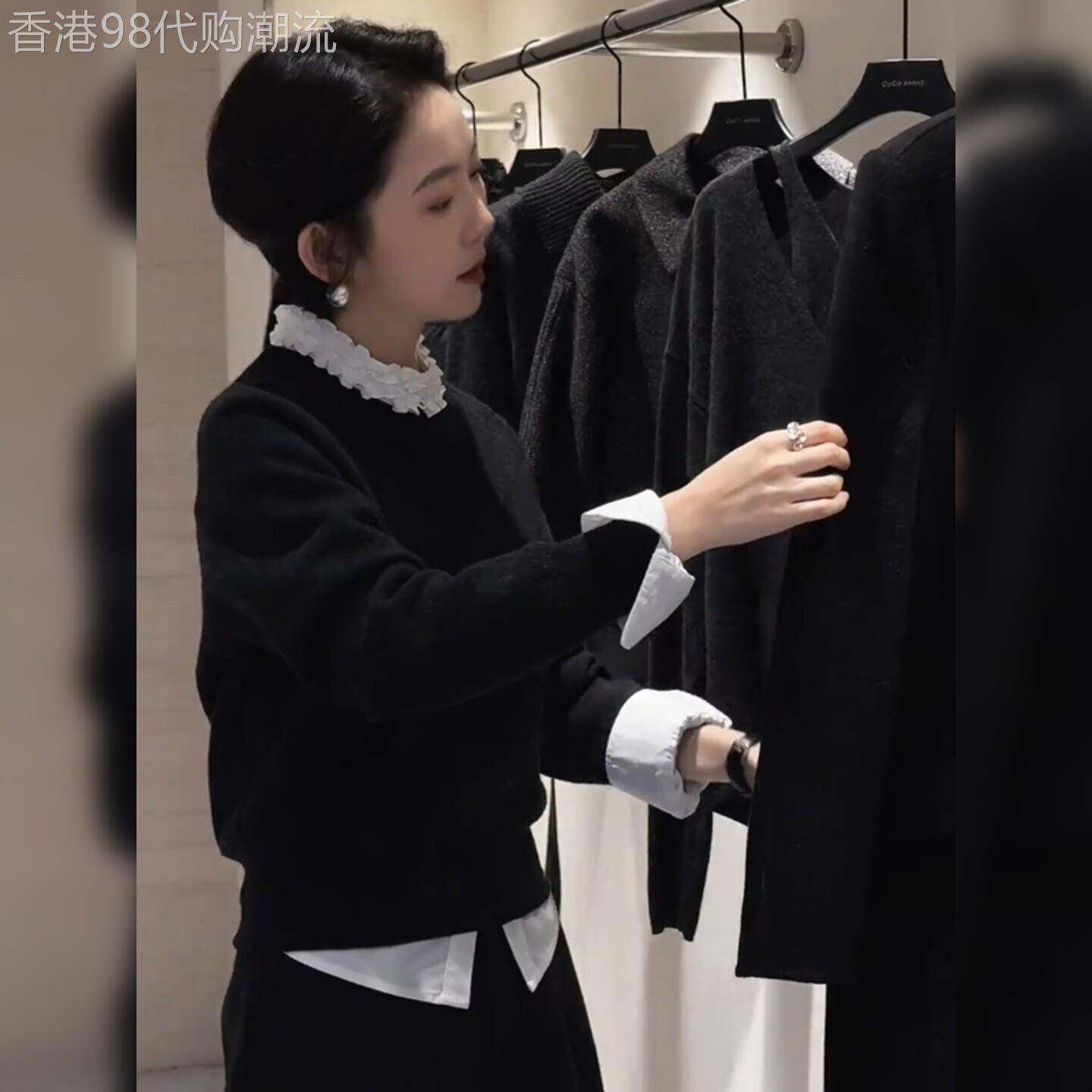 韩系黑色休闲简约毛衣套装女2025秋冬季新款木耳边长袖衬衣两件套