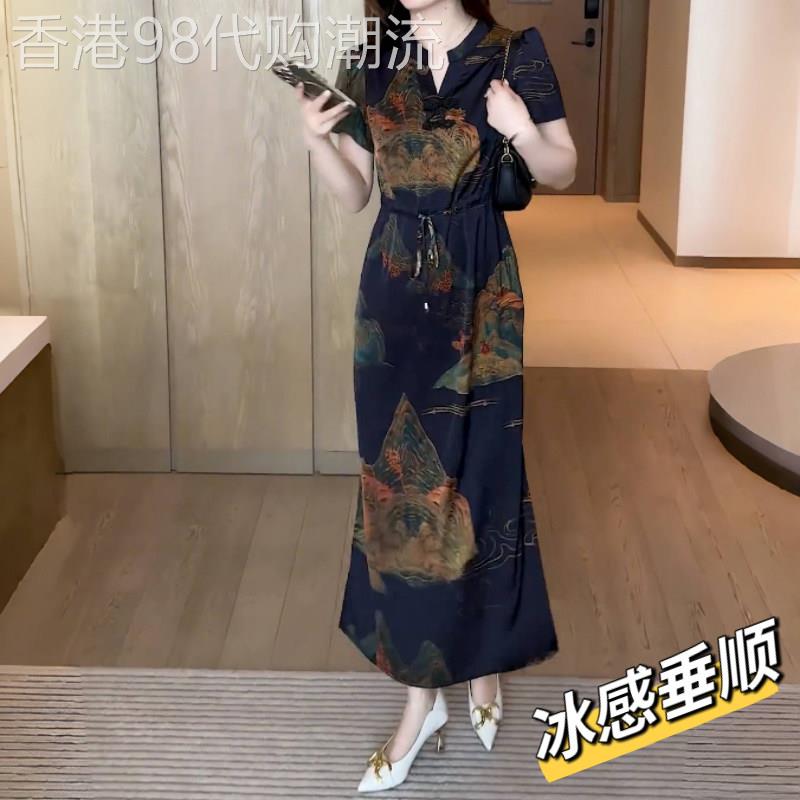 高档新中式复古缎面连衣裙女士中年优雅妈妈装夏季新款气质中长裙