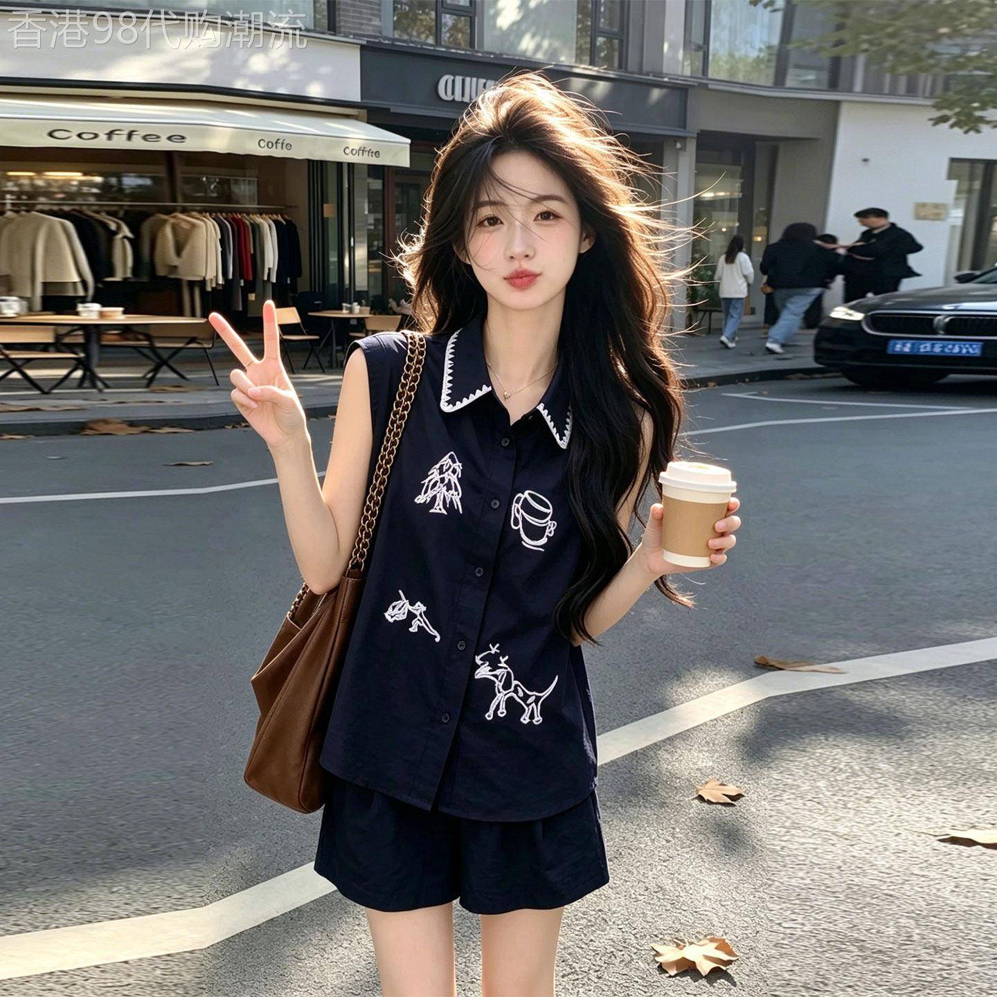 藏青色刺绣短袖衬衫短裤套装女2026夏季新款小个子气质减龄两件套