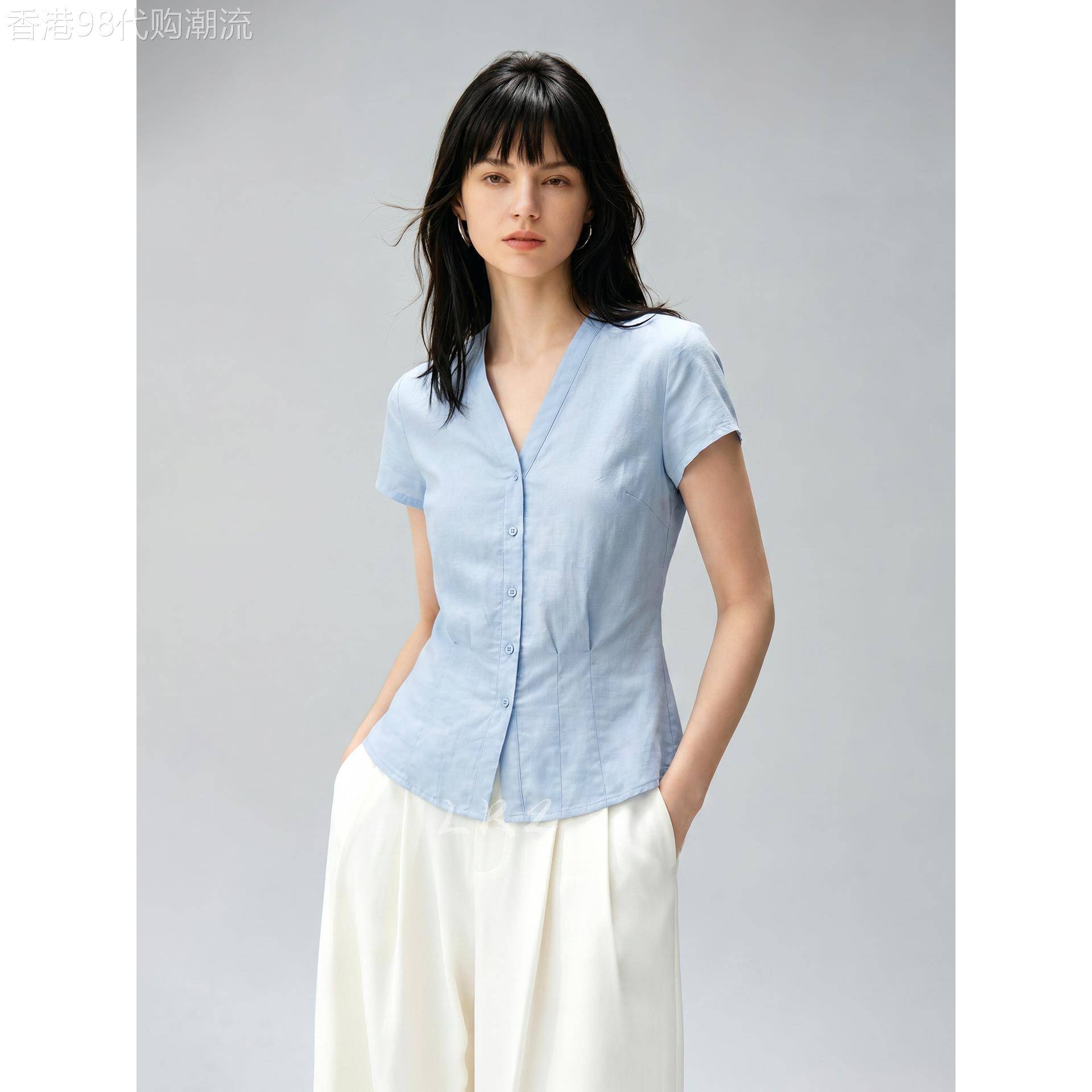 高级感收腰V领设计蓝色衬衫女夏季新款时尚休闲修身显瘦短袖上衣