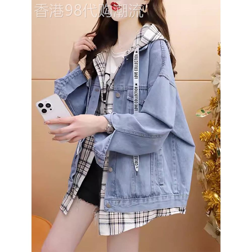 潮牌慵懒风假两件连帽牛仔外套女2025春秋新款小个子洋气夹克上衣