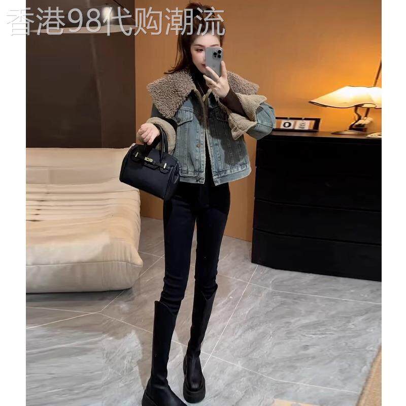 欧洲站羊羔毛大翻领牛仔外套女2025冬季加绒加厚短款皮毛一体上衣