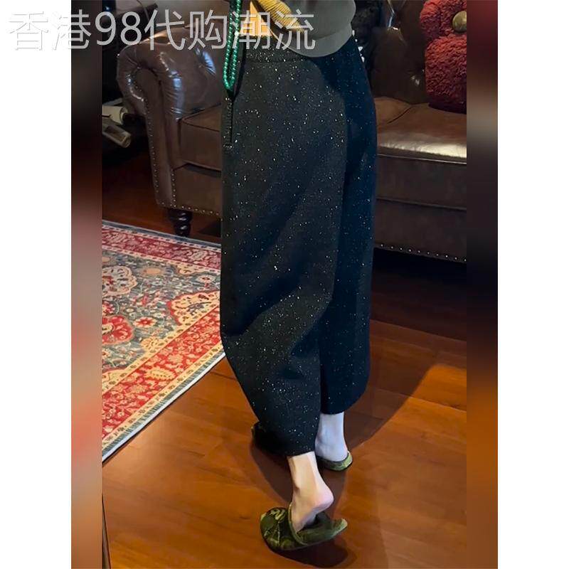 (现货)黑色亮片保暖高级感阔腿裤2026冬新款韩版随性气质八分裤