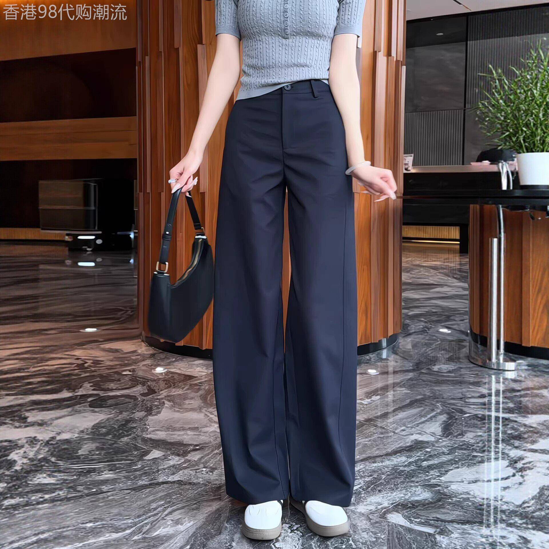 藏青色阔腿裤女夏薄款2026新款小个子大尺码胖mm宽松西装休闲长裤