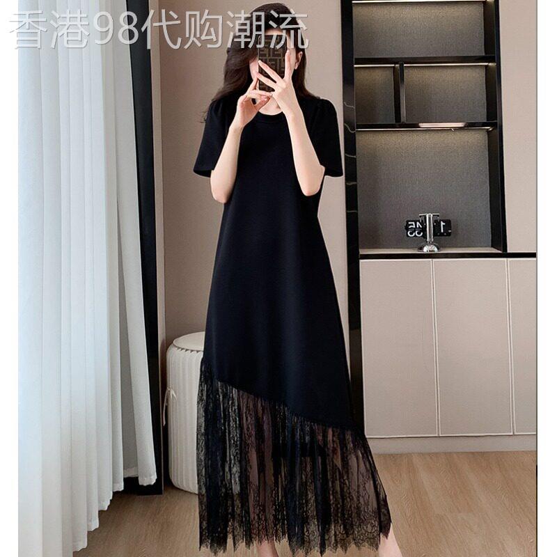 egmg法式轻奢蕾丝黑色洋装女夏季新款显瘦宽松气质遮肚中长裙子