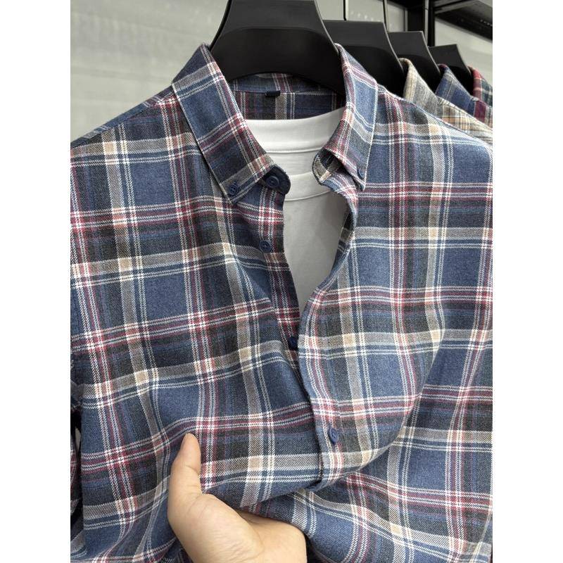 专柜同款100%棉磨毛格子衬衫秋冬新款纯棉格子衬衫男款时尚衬衣