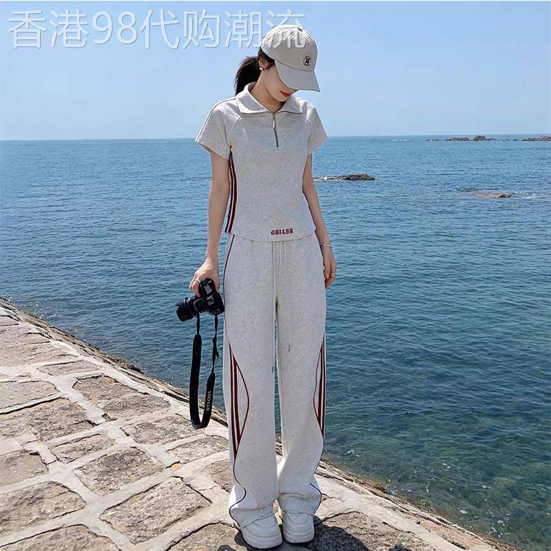欧洲站时尚休闲套装女新款2026夏季翻领短袖阔腿裤运动风两件套潮