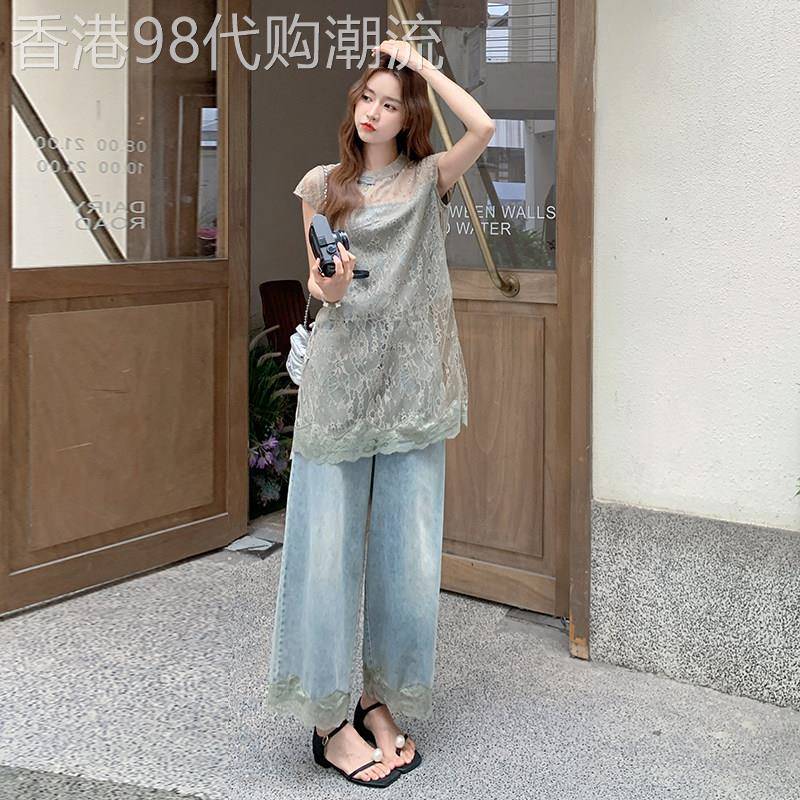 新中式国风蕾丝上衣牛仔宽裤套装女2026夏季薄款气质显瘦两件套