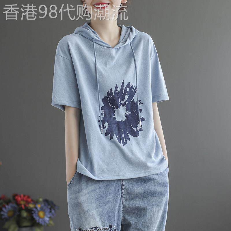 连帽短袖t恤女2026年新款夏季纯棉韩版宽松显瘦半袖时尚印花上衣