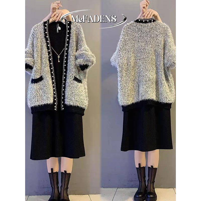 香港大码女装2024新胖姐姐休闲毛衣开襟羊毛衫时尚减龄连衣裙两件