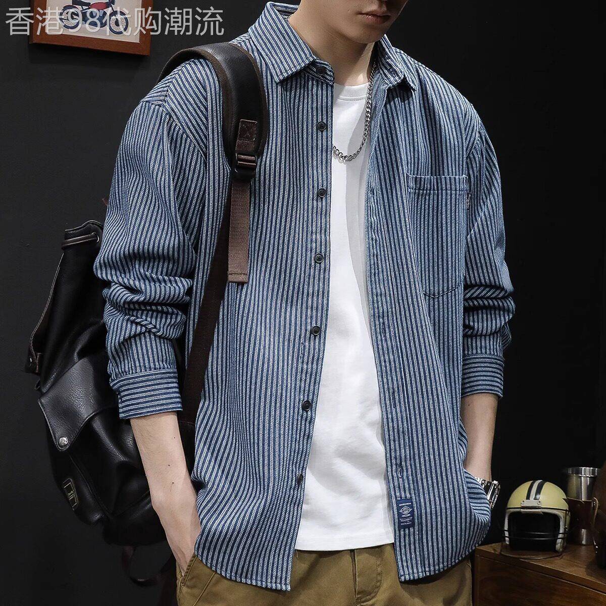 条纹衬衫外套男潮牌春秋季2026新款潮流宽松牛仔衬衣男士休闲上衣