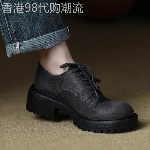 真皮厚底小皮鞋女2025新款秋季英伦风系带乐福鞋复古磨砂粗跟单鞋