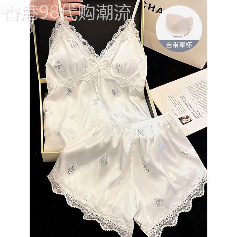 白色蕾丝带胸垫冰丝睡衣女2026新款夏季薄款高级感吊带短裤家居服