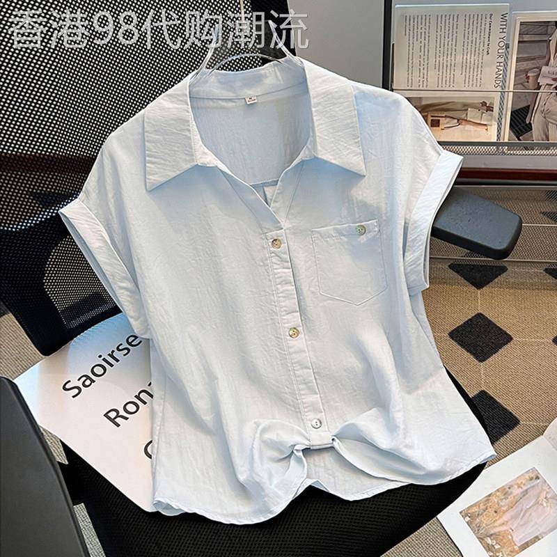 翻领短袖衬衫女夏季薄款2026新款宽松显瘦休闲无袖Polo领短款上衣