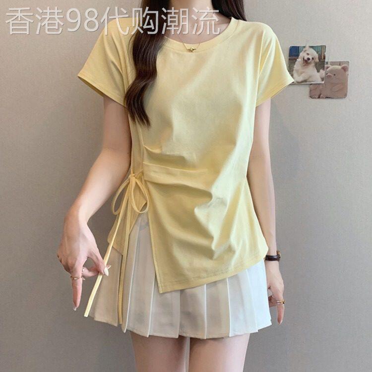 奶黄色正肩短袖T恤女2026年夏季新款开叉设计感大尺码收腰显瘦上