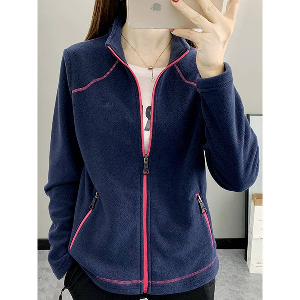 户外极地羊毛羊毛妇女长袖冬季天鹅绒加厚暖开衫立领运动登山夹克