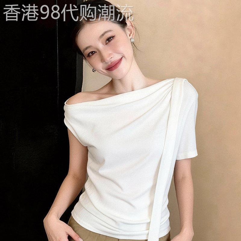 一字肩短袖T恤女夏新款大尺码不对称设计感小众气质百搭巨显瘦上