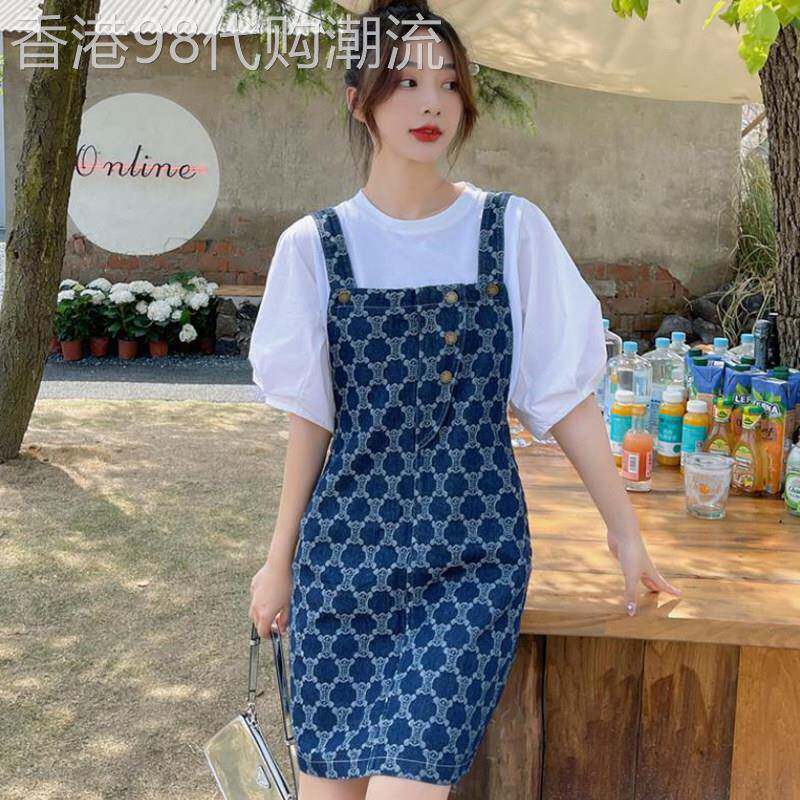 韩国格子牛仔背带裙女夏季薄款洋气减龄中长款裙子小个子连衣裙潮
