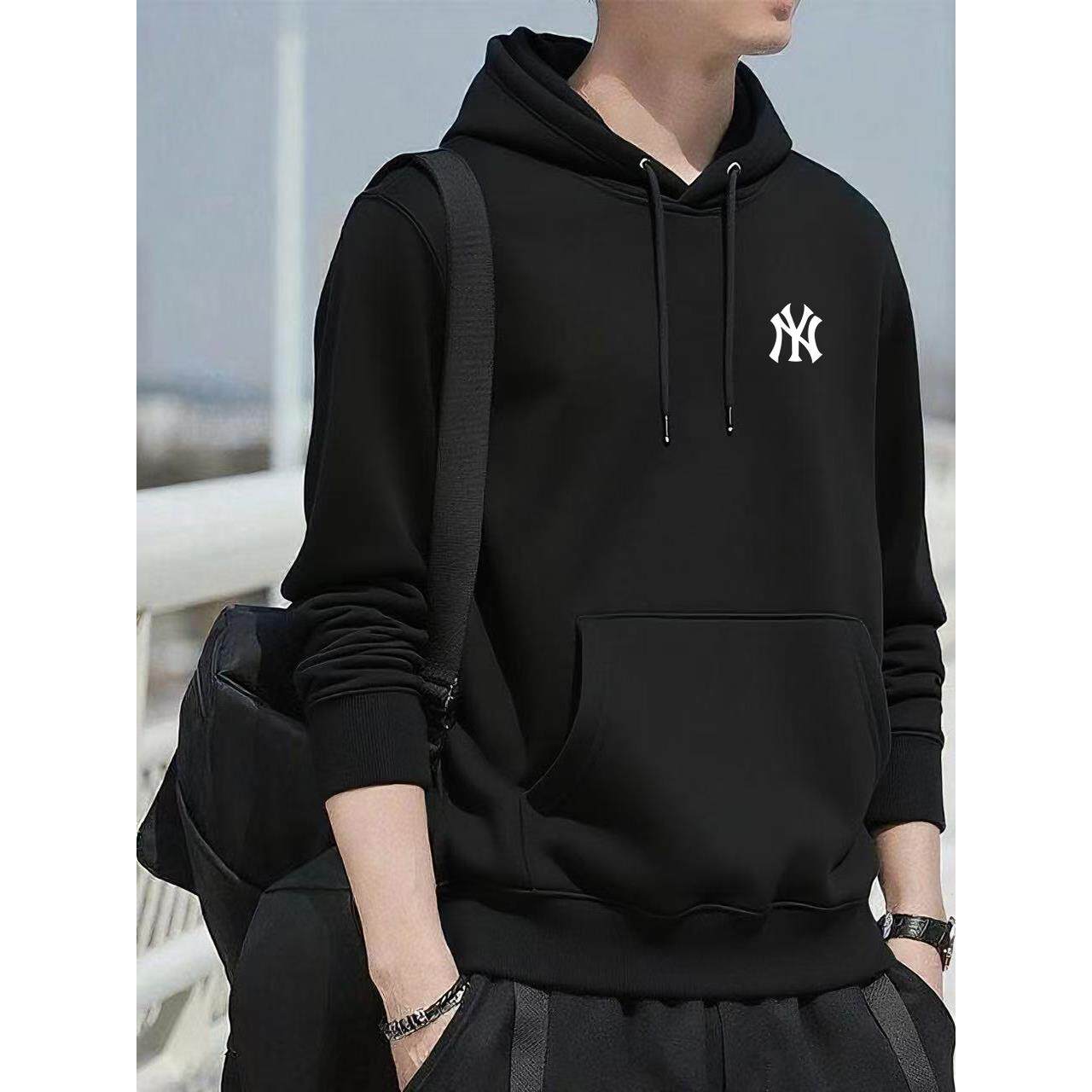 高端品牌黑色连帽卫衣男冬季加绒纯棉印花男士休闲宽松大码外套潮