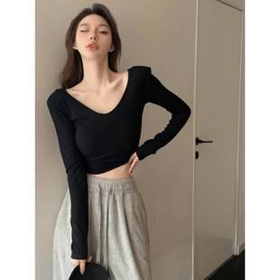 独特别致垫肩上衣女设计感小众高级感短款紧身黑色低胸v领长袖t恤